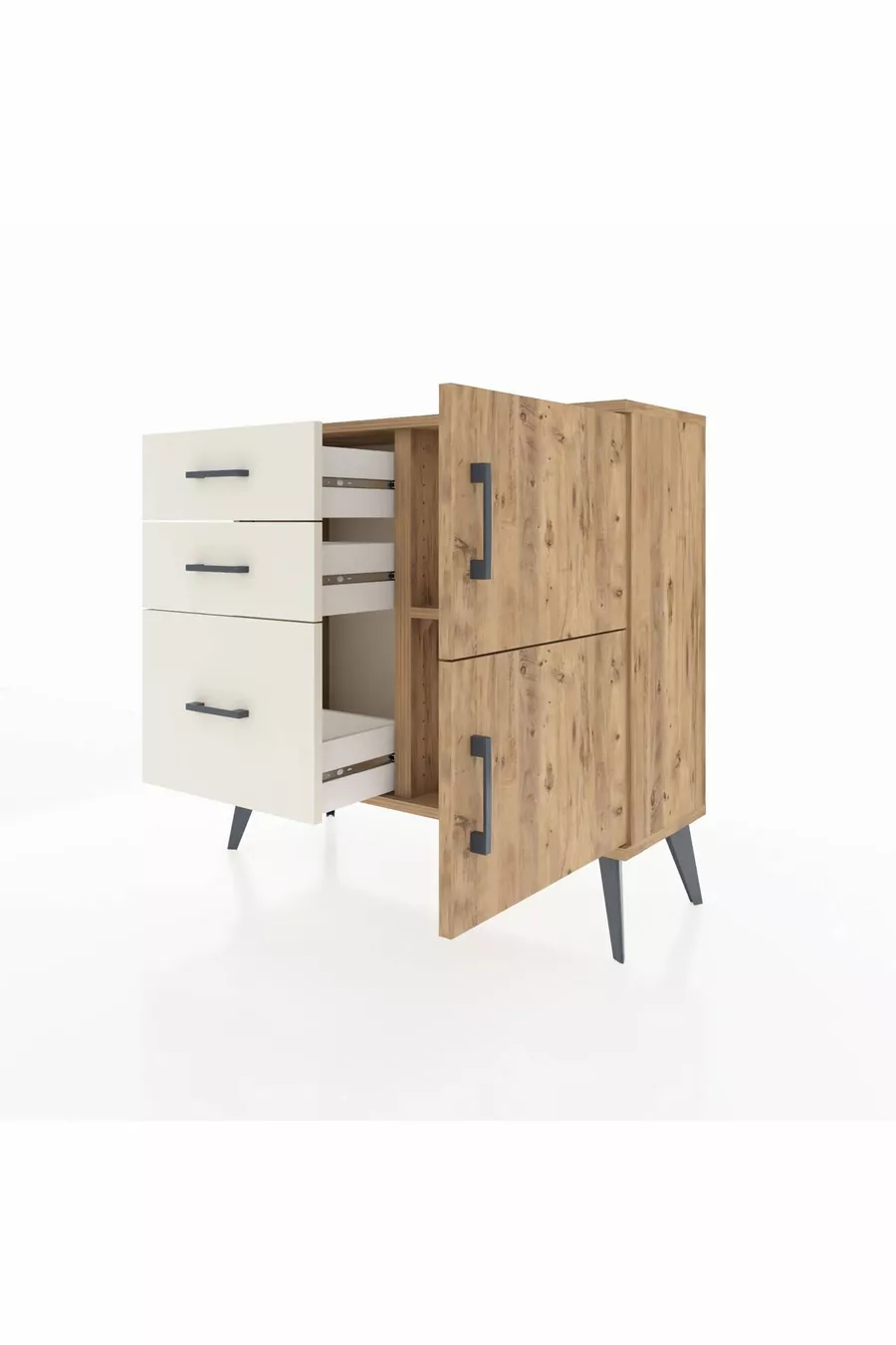 Commode Arges avec une seule étagère, 3 tiroirs et 2 portes, pin-pin / pierre de lune