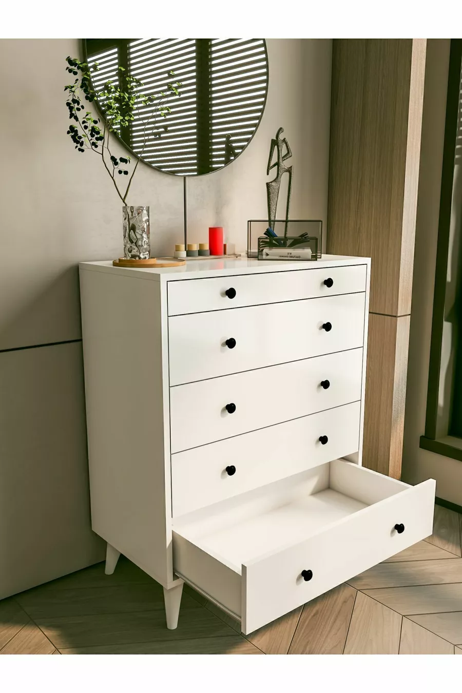 Commode Blanche Brillante 5 Tiroirs Country Commode Chevet en Bois