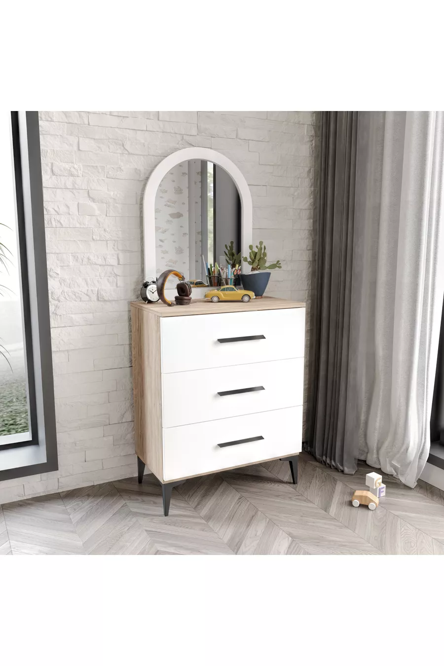 3-Drawer Dresser with Mirror, Completely MDF, Flora White