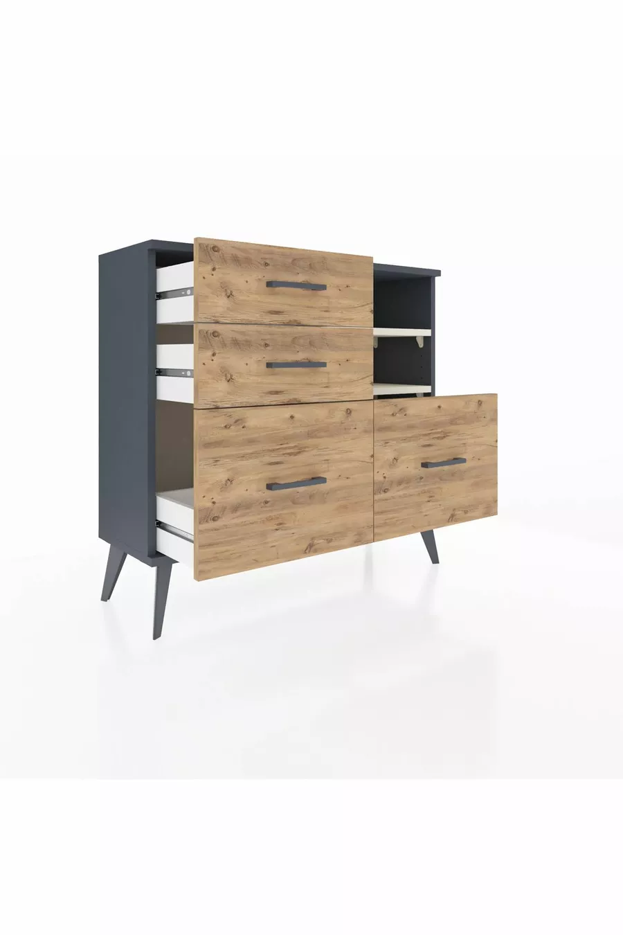 Arges Dresser 2 Shelves 4 Drawers Anthracite-Pebble/ Pine