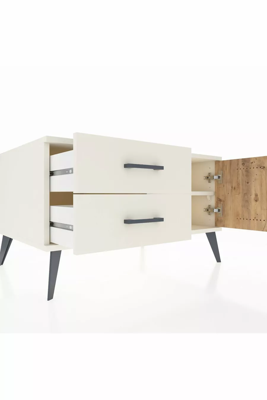 Commode Kronos à une étagère, 2 tiroirs et une porte, Pierre de Lune-Sapin/Pierre de Lune