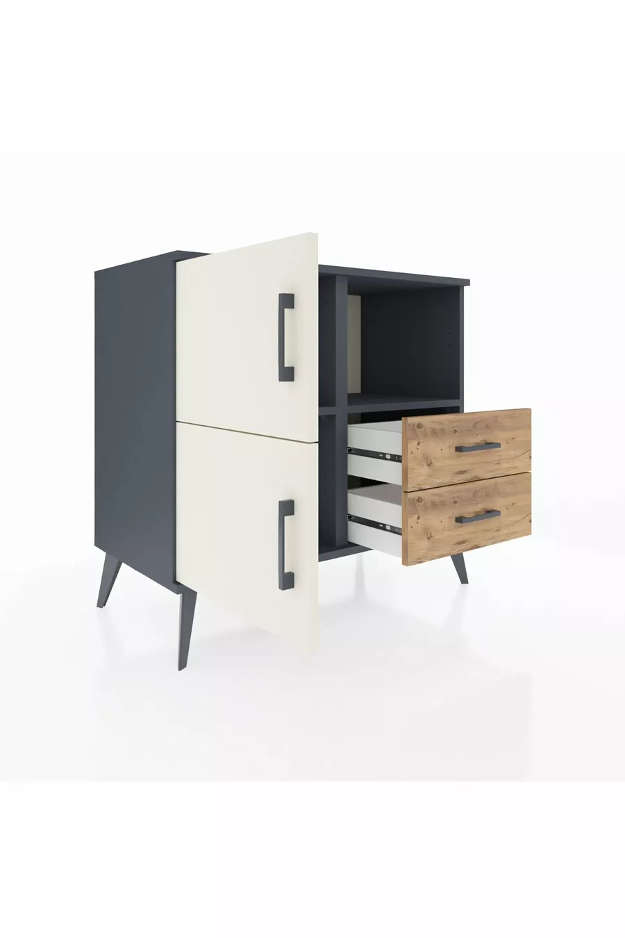 Commode Hyperion 2 étagères 2 tiroirs 2 portes Anthracite-Pierre de lune/Sapin