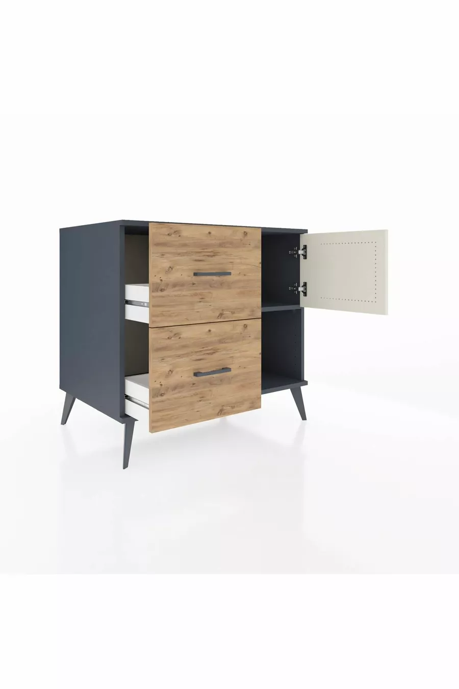 Commode Kronos à une étagère, 2 tiroirs et une porte, Anthracite-Pierre de lune/Pin