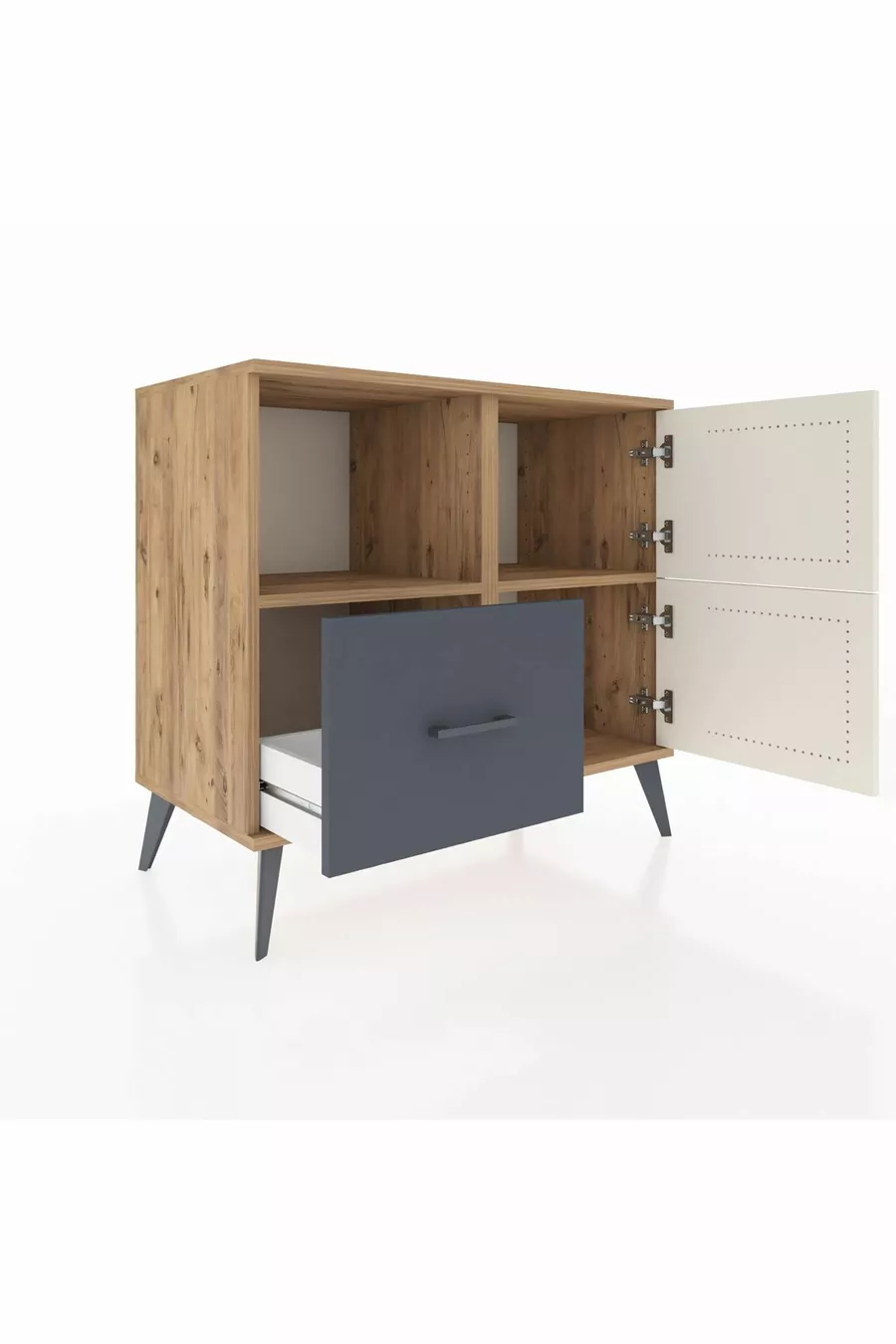 Commode Hyperion avec 2 étagères, 1 tiroir et 2 portes, en pin et gris anthracite