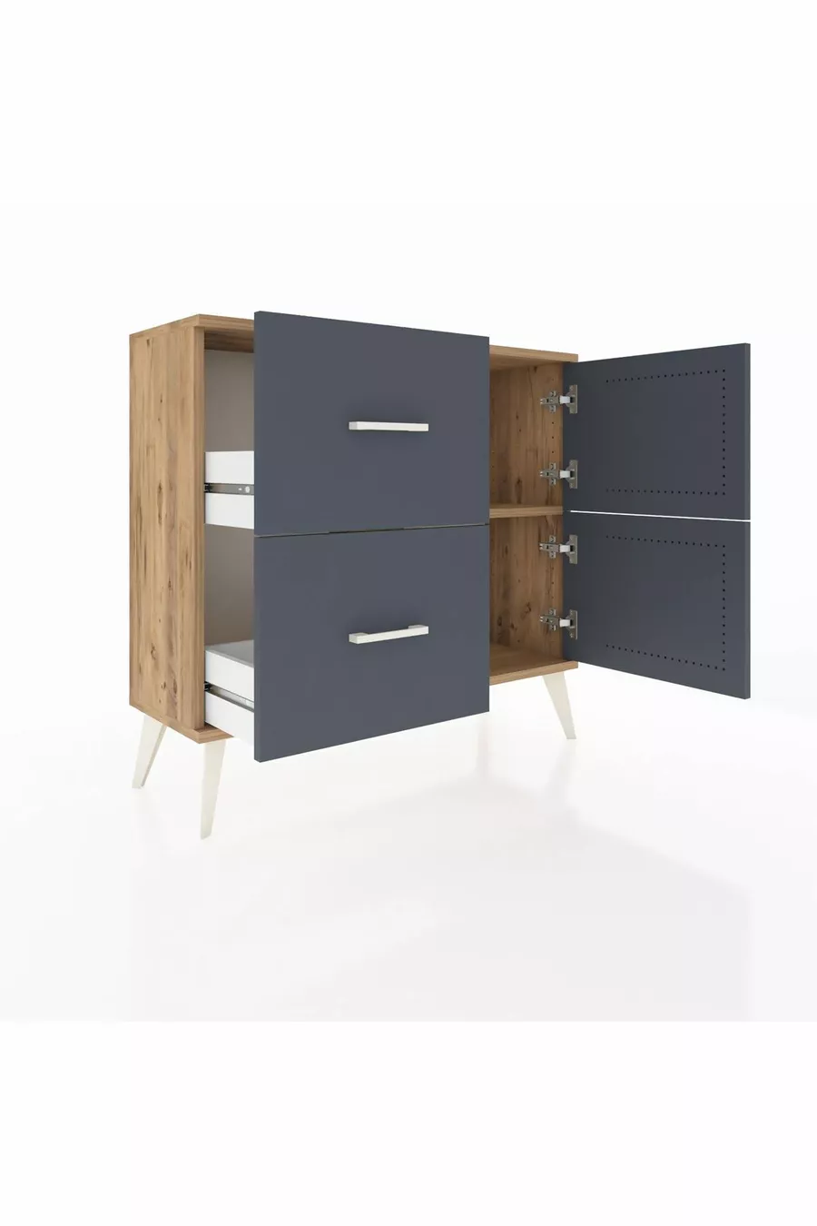 Commode Arges avec une étagère, 2 tiroirs et 2 portes, pin-anthracite