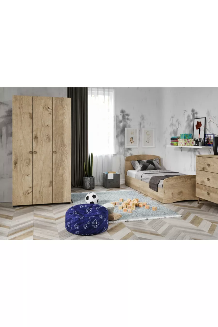 Set Camera da Letto Soft Rovere - Letto, Armadio con 3 Ante, Comò con 3 Cassetti, Tutto in MDF