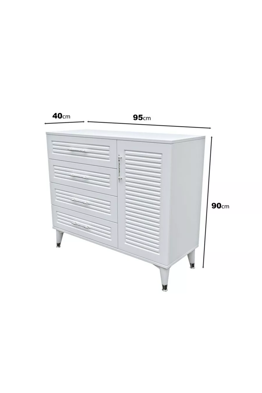 Panjurlu 4 Çekmeceli 1 Kapaklı Şifonyer Modern Tasarım, MDF Kapak, Beyaz Gümüş