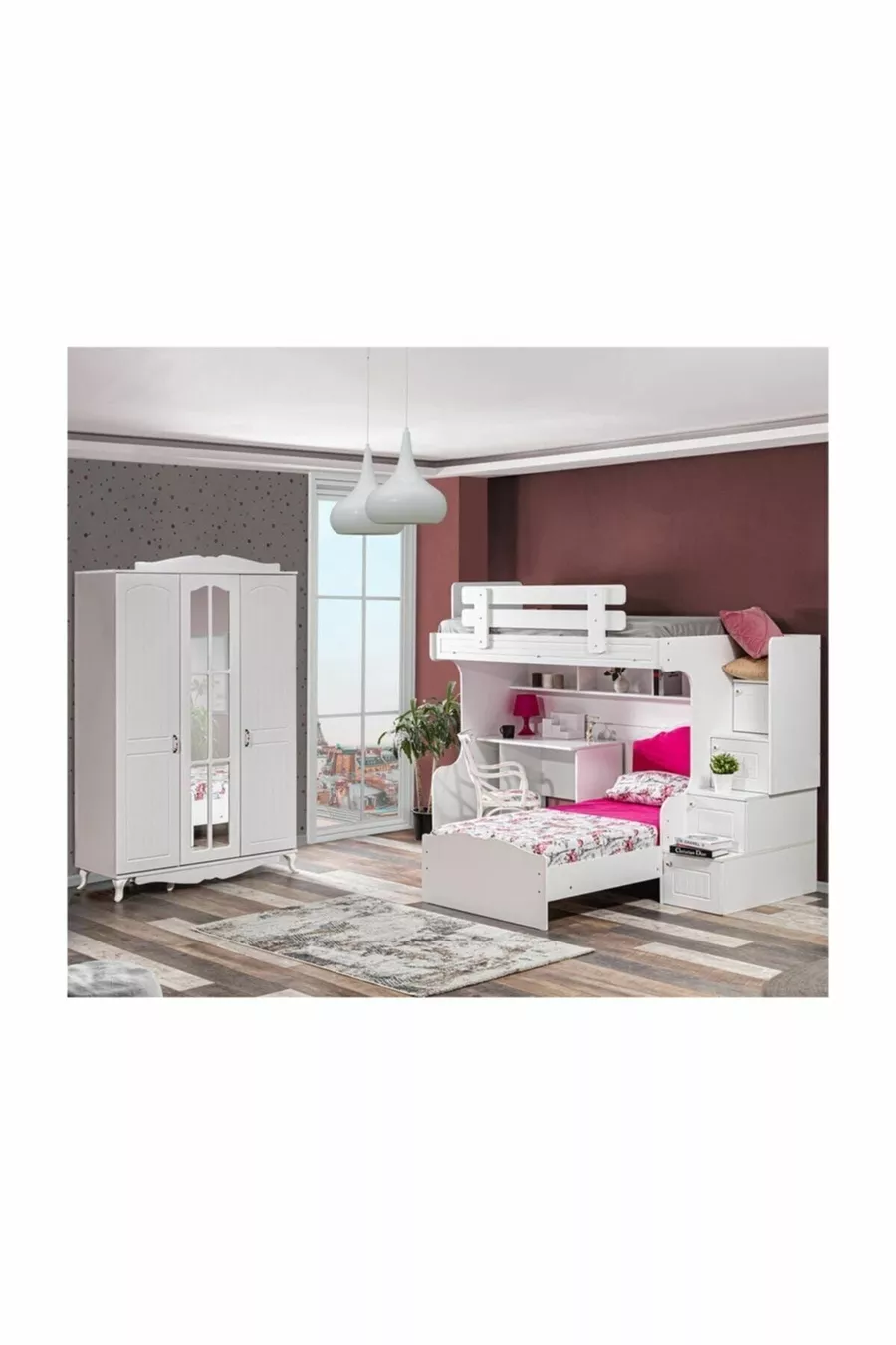 Lit superposé, Superposé avec Lit, Bureau et Armoire à 3 Portes