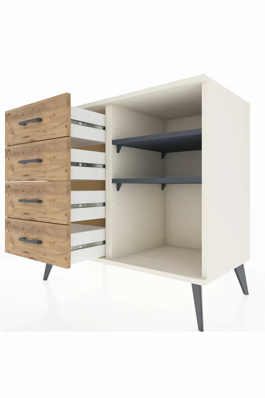 Commode Hyperion 2 étagères 4 tiroirs Pierre de lune-Anthracite/Sapin