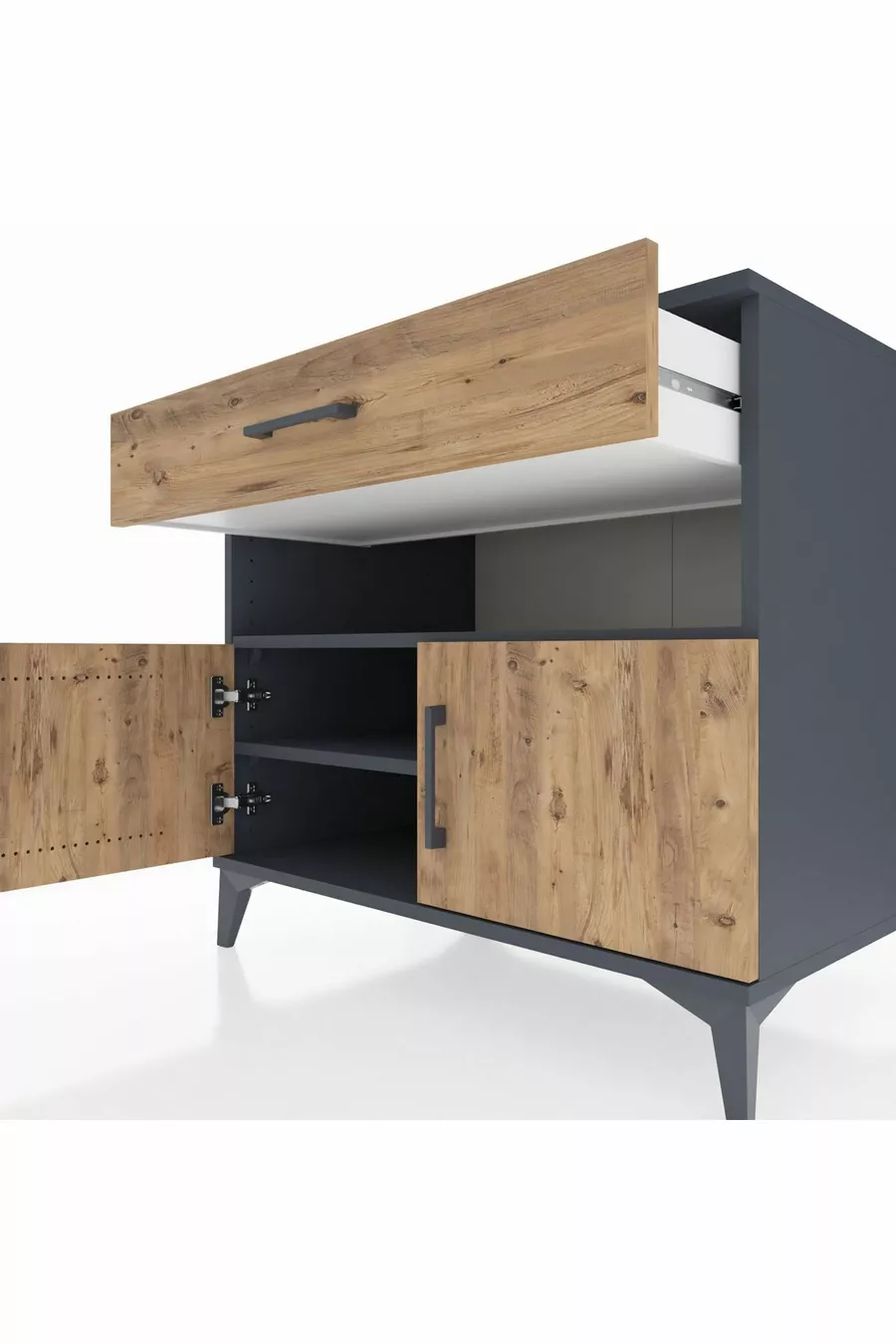 Commode Kronos avec 2 étagères, 1 tiroir et 2 portes, Anthracite-Sapin