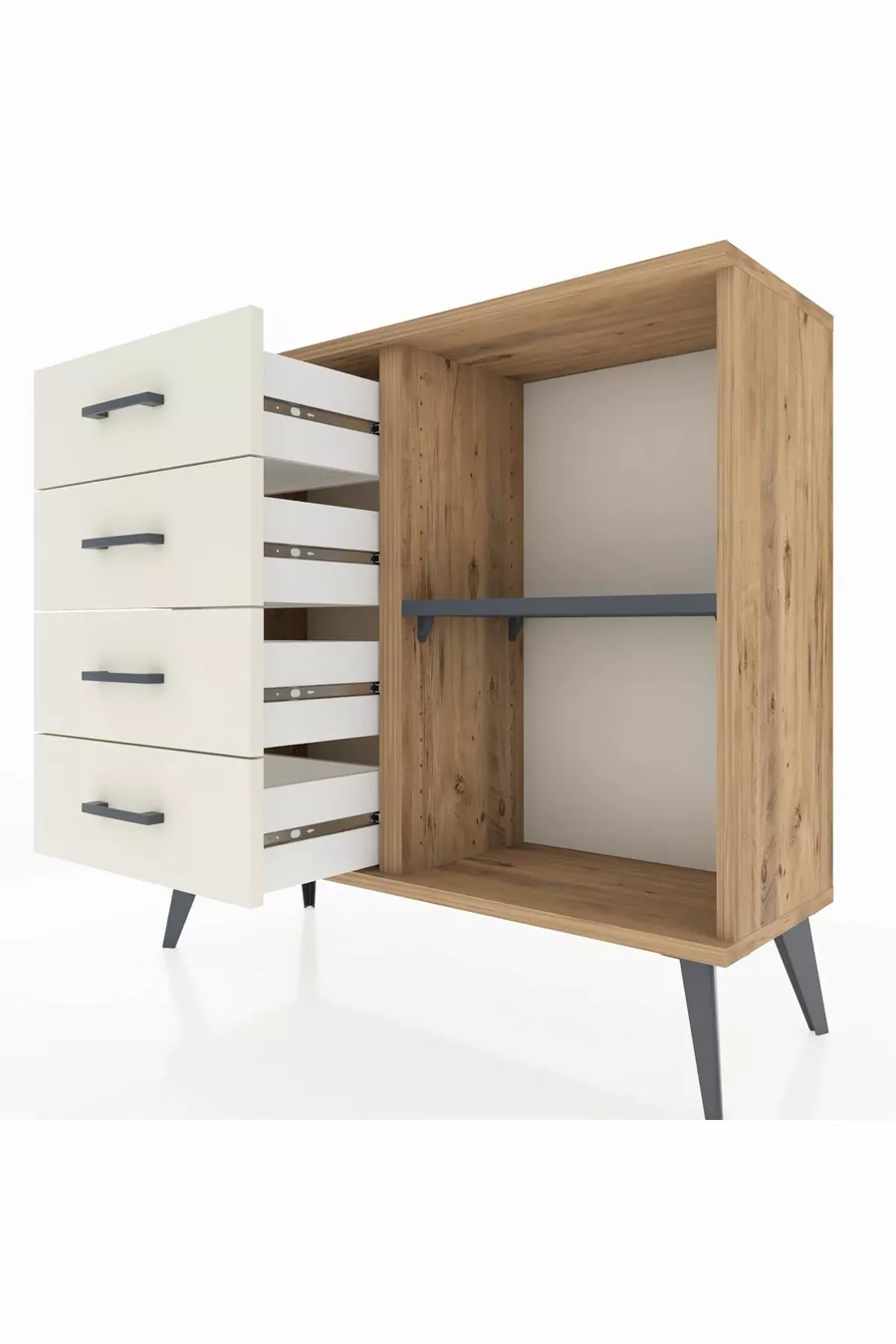 Commode Arges à une étagère et 4 tiroirs Pin-Anthracite/Marbre