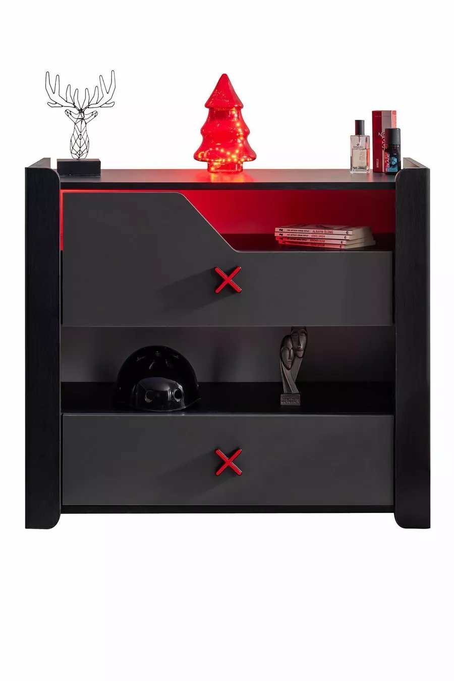 Chambre d'adolescent avec thème gamer - Armoire à 2 portes, lit, table de chevet, commode