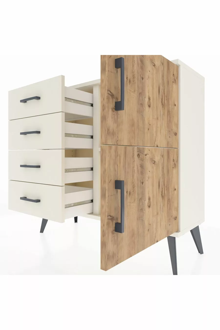 Commode Arges à une étagère, 4 tiroirs et 2 portes, Pierre de lune-Sapin/Pierre de lune