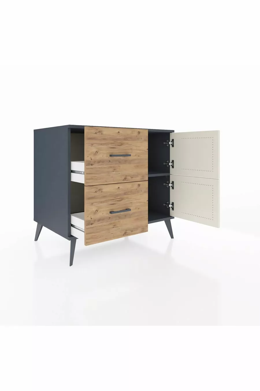 Commode Kronos à une étagère, 2 tiroirs, 2 portes, Anthracite-Pierre de Lune/Pin
