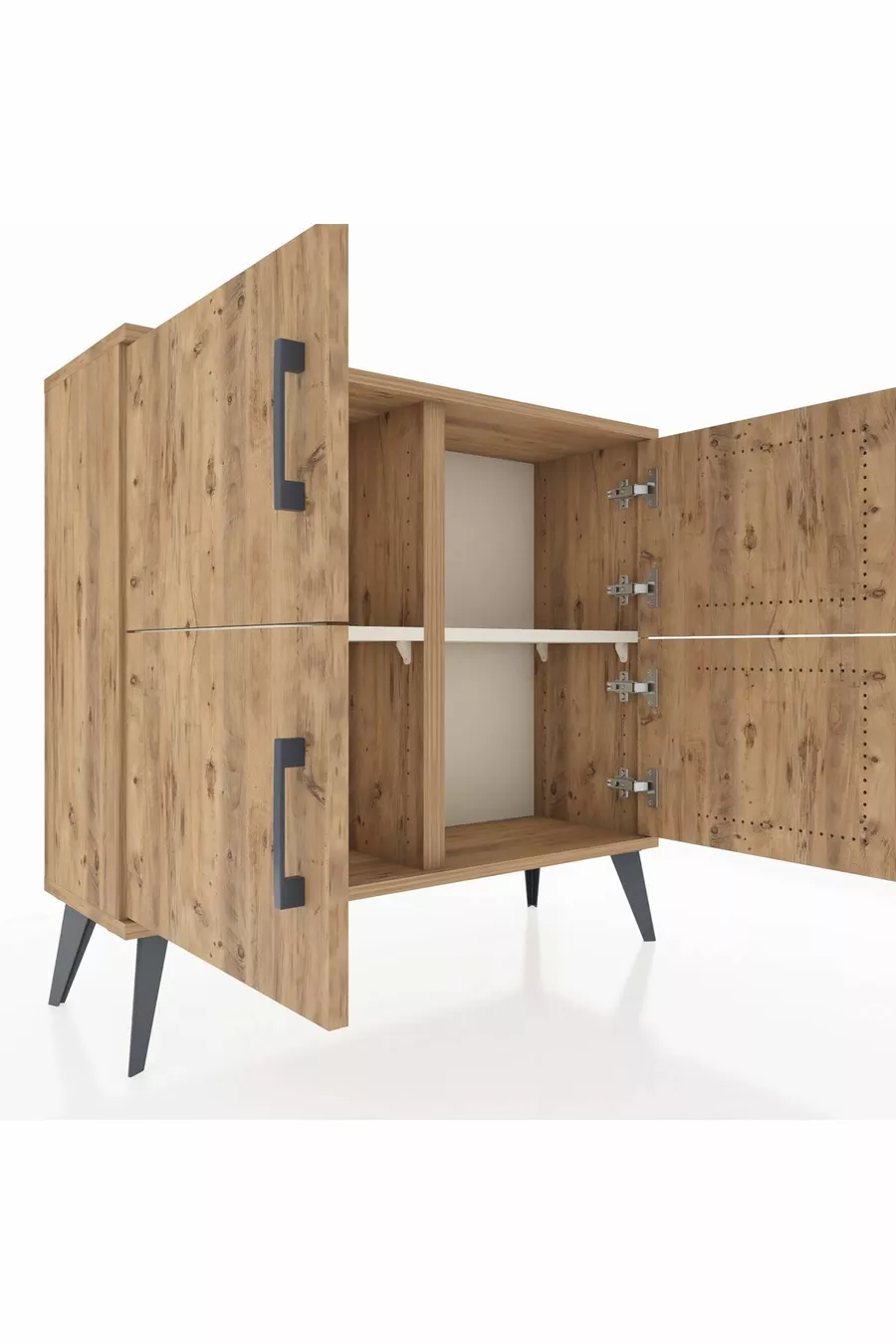 Commode Arges 2 étagères 4 portes Pin-Pin/Pierre de lune
