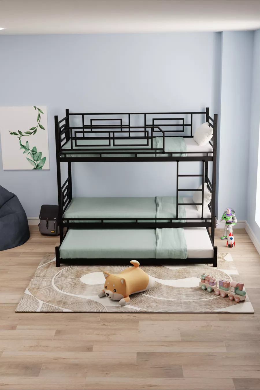 Letto a Castello e Letto Singolo in Metallo per Cameretta dei Bambini Defne Yavrulu Nero