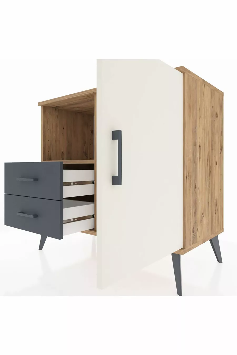 Commode Hyperion avec 2 étagères, 2 tiroirs et 1 porte, en pin et gris anthracite