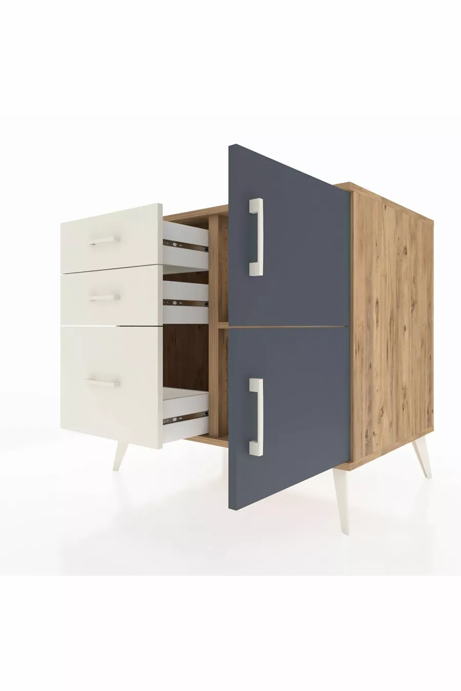 Commode Kronos à une étagère, 3 tiroirs et 2 portes, pin-anthracite/pierre de lune
