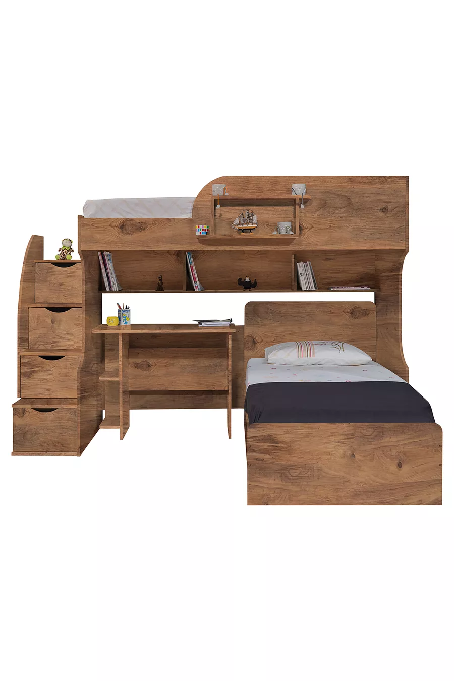 Letto a castello, letto a castello Aura con scrivania, armadio a 3 ante + 2 materassi Comfort