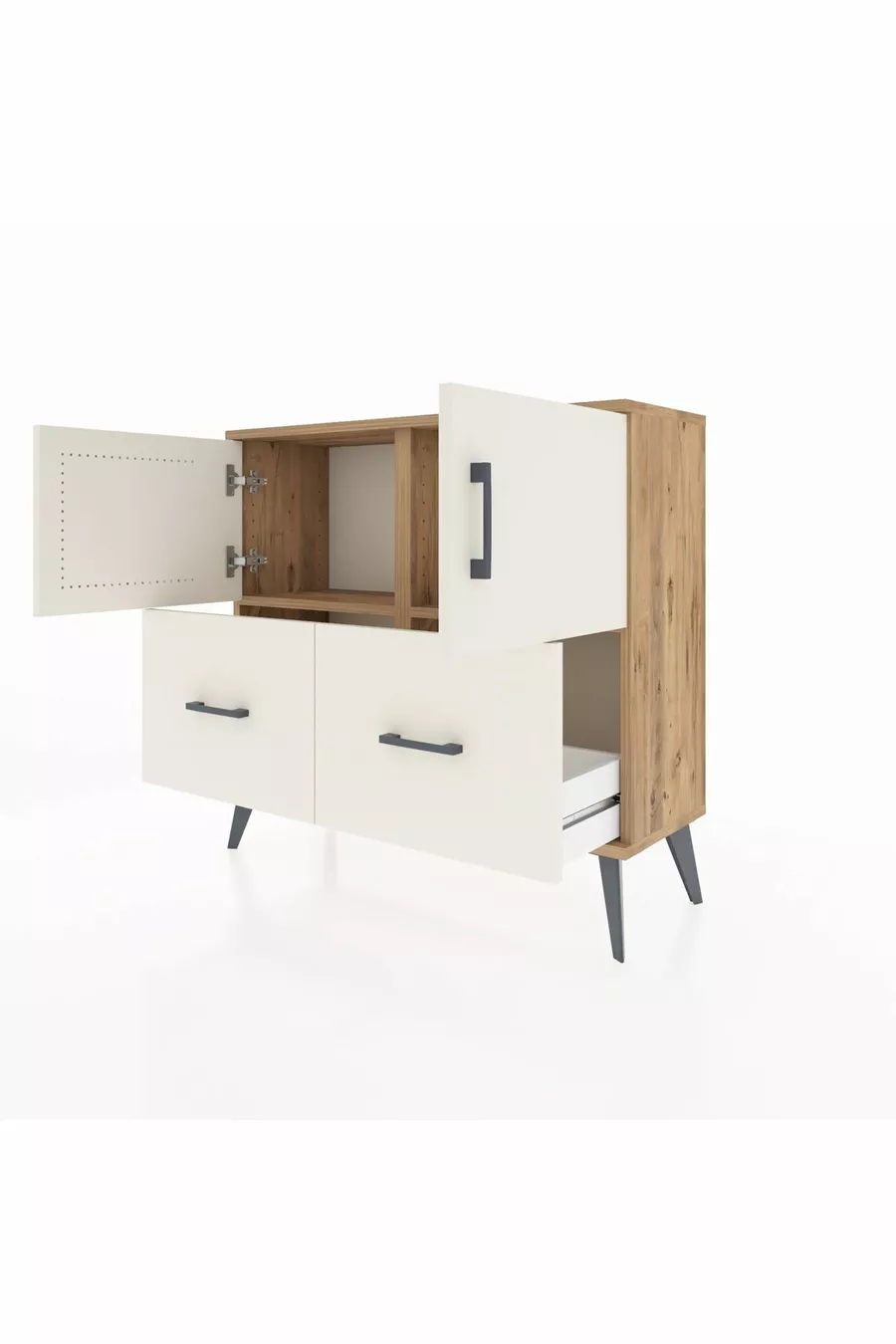 Commode Arges avec 2 étagères, 2 tiroirs et 2 portes, en pin et pierre d'onyx