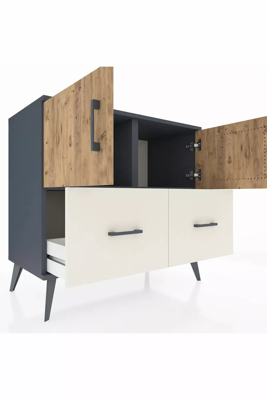 Commode Hyperion 2 étagères 2 tiroirs 2 portes Anthracite-Pin/Gris pierre