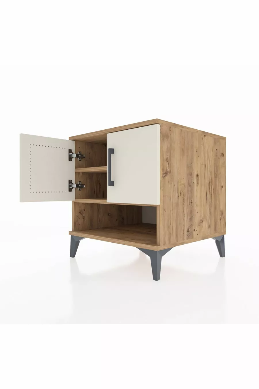 Table de chevet Kronos à 2 étagères et 2 portes, pin-pierre d'orme