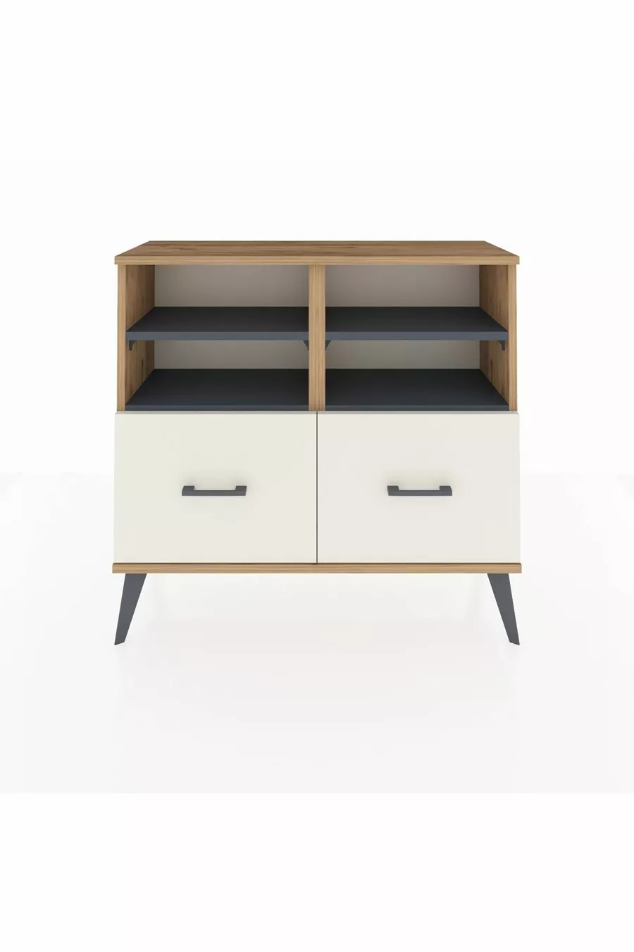 Commode Arges 4 étagères 2 tiroirs Pin-Anthracite/Gris pierre