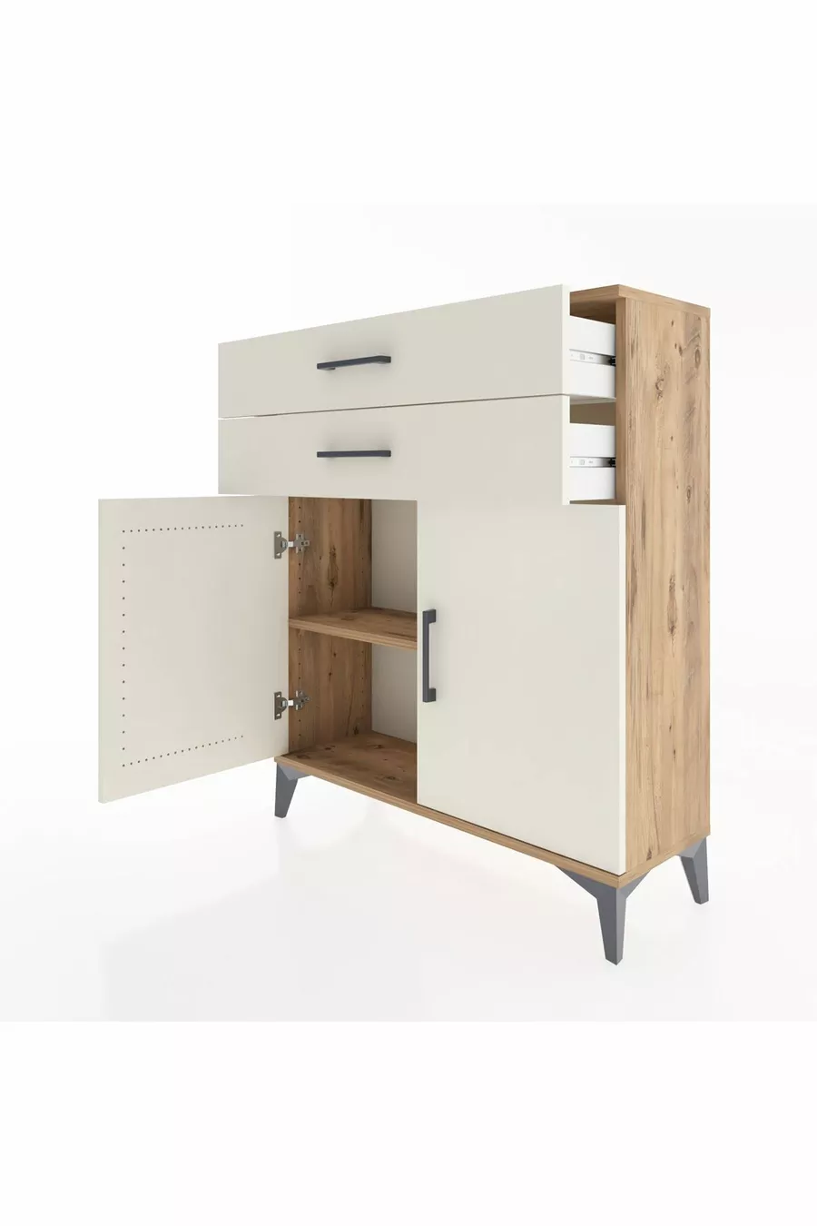 Commode Arges avec 2 étagères, 2 tiroirs et 2 portes, pin-pierre d'ardoise