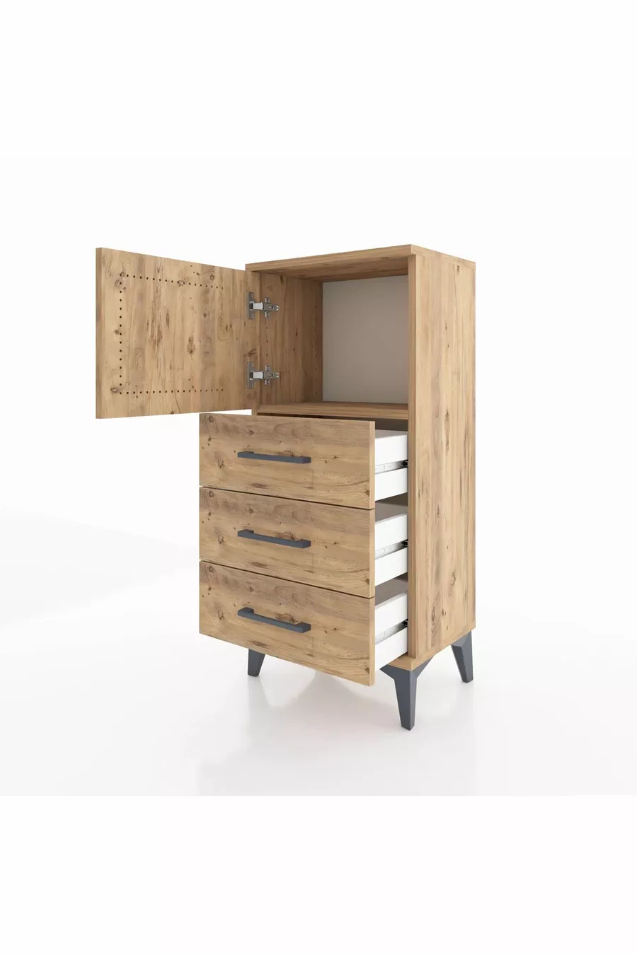 Chevet Arges avec une étagère, 3 tiroirs et une porte, en pin