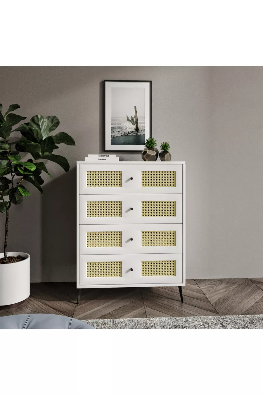 Commode Blanche Moonlight 4 Tiroirs avec Détails de Dessus
