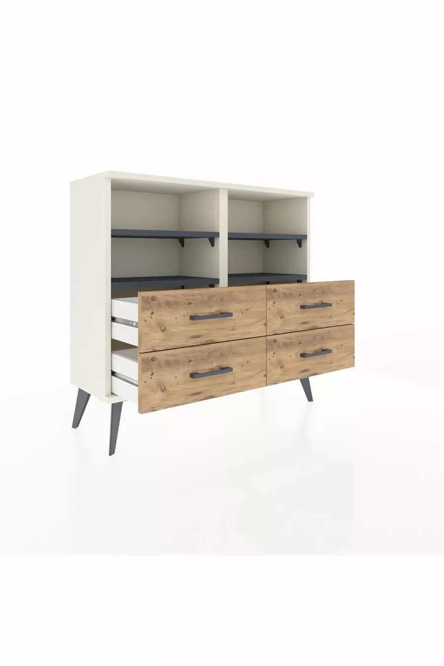 Commode Arges 4 étagères 4 tiroirs Pierre de lune-Anthracite/Sapin