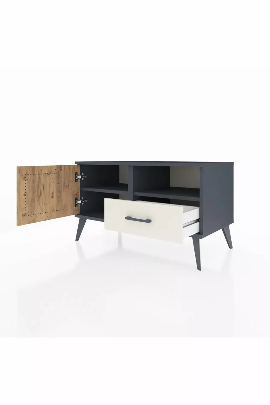 Commode Hyperion avec 2 étagères, 1 tiroir et 1 porte, Anthracite-Sapin/Pierre de lune