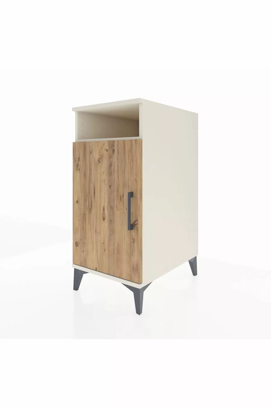 Table de chevet Kronos avec 3 étagères et 1 porte, Pierre de lune-Pin