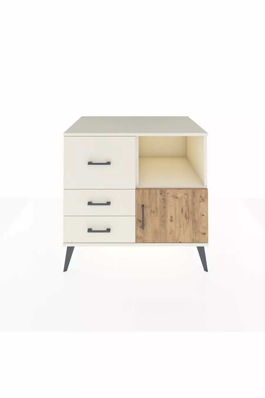 Commode Kronos à une étagère, 3 tiroirs et une porte, Pierre de Lune-Sapin/Pierre de Lune