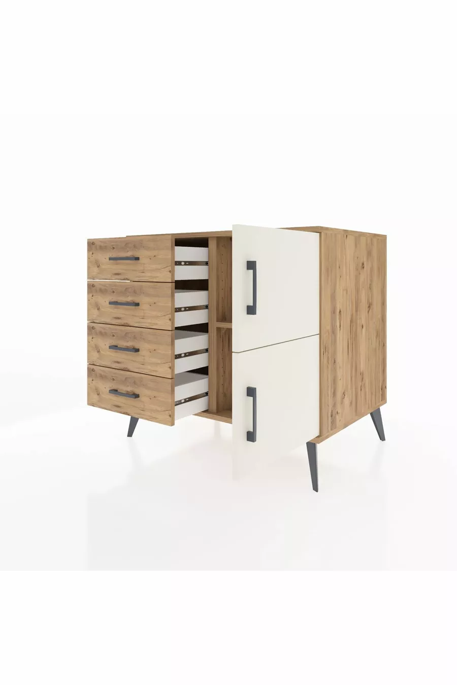 Kronos Kommode mit einem Regal, 4 Schubladen und 2 Türen Kiefer-Achat/Kiefer