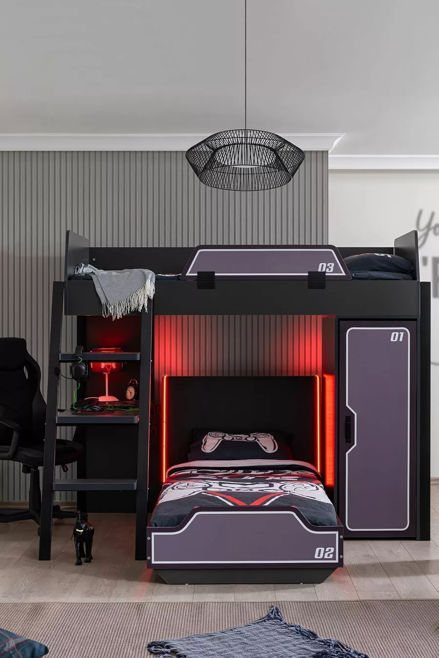 Chambre de joueur avec lit superposé, lits mezzanine Gamer avec LED, bureau et armoire