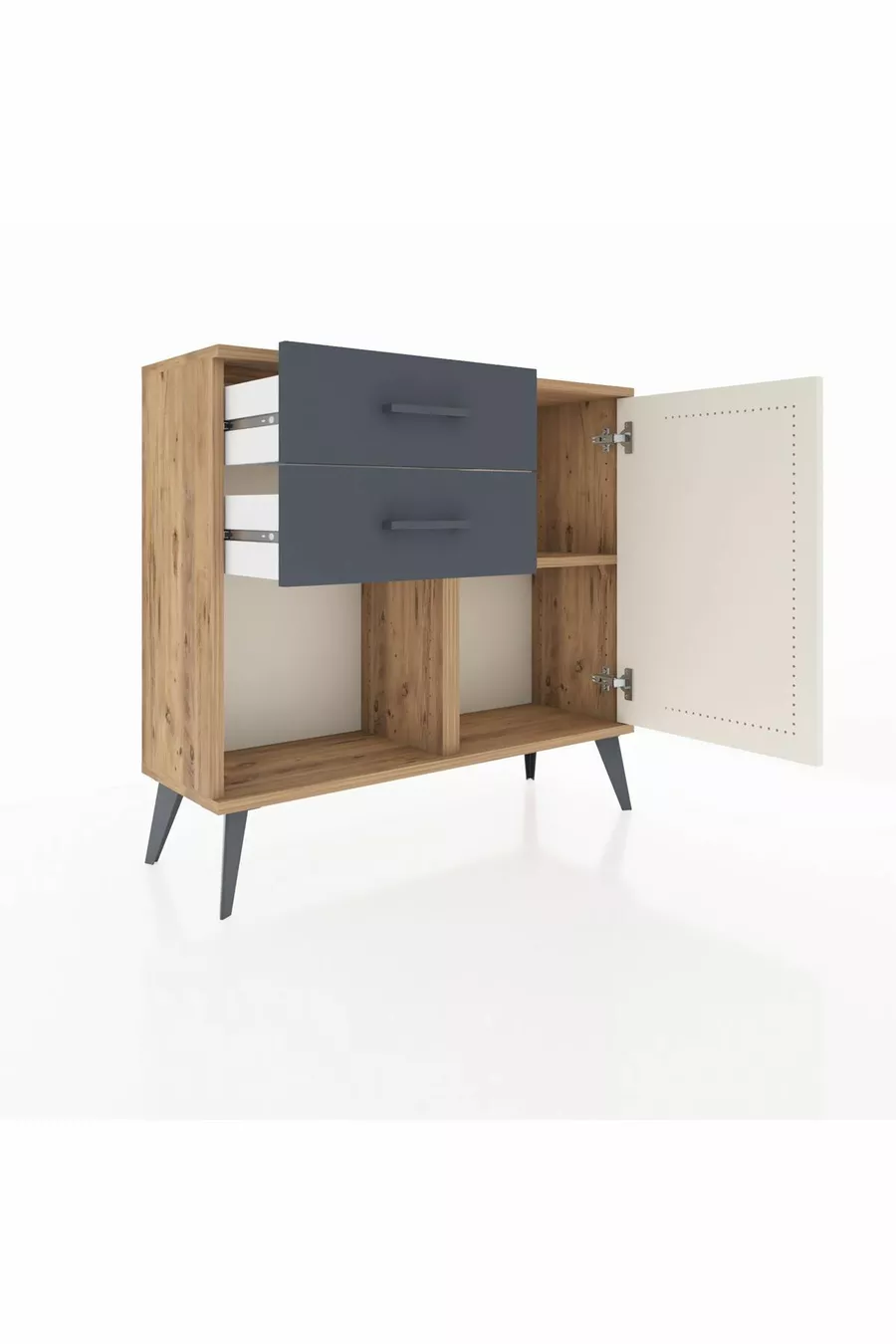 Commode Arges avec une seule étagère, 2 tiroirs et une porte, pin-gris anthracite