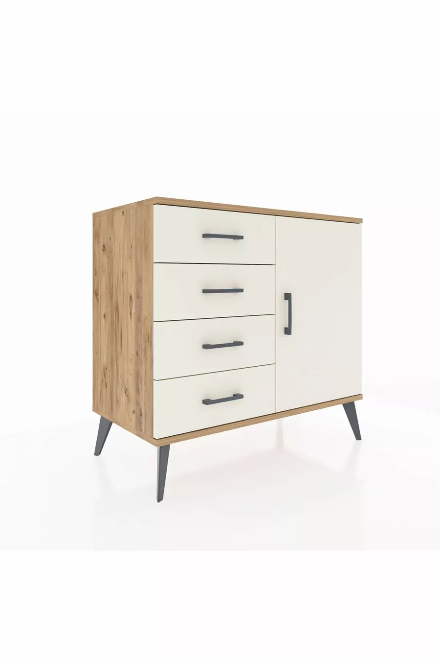 Commode Hyperion à une étagère, 4 tiroirs et une porte, pin et pierre de lune