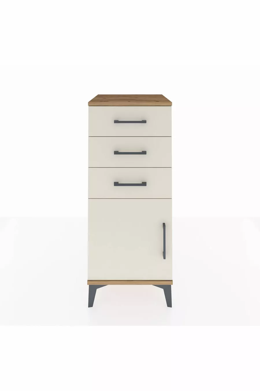 Commode Hyperion avec une étagère, 3 tiroirs et une porte, en pin et travertin