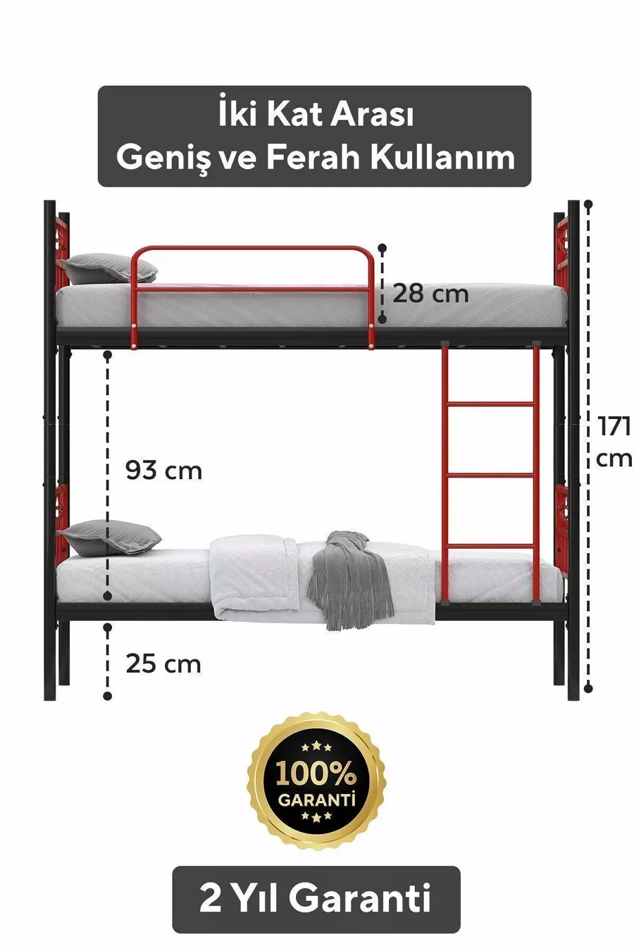 Koza Ranza Schlafzimmertaugliches Rotes Abnehmbares Metall-Etagenbett