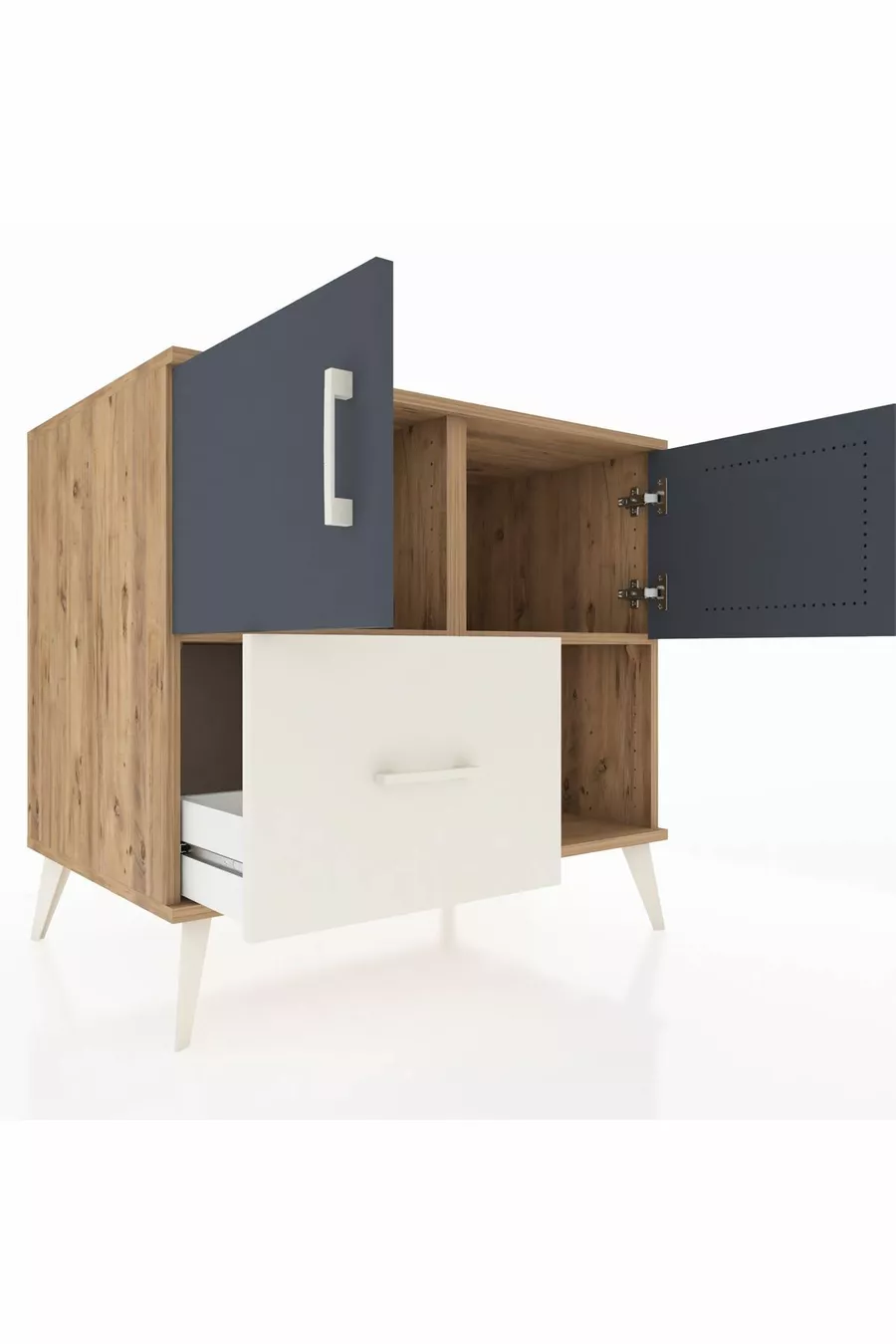 Commode Kronos avec 2 étagères, 1 tiroir, 2 portes, en pin anthracite/pierre de lune