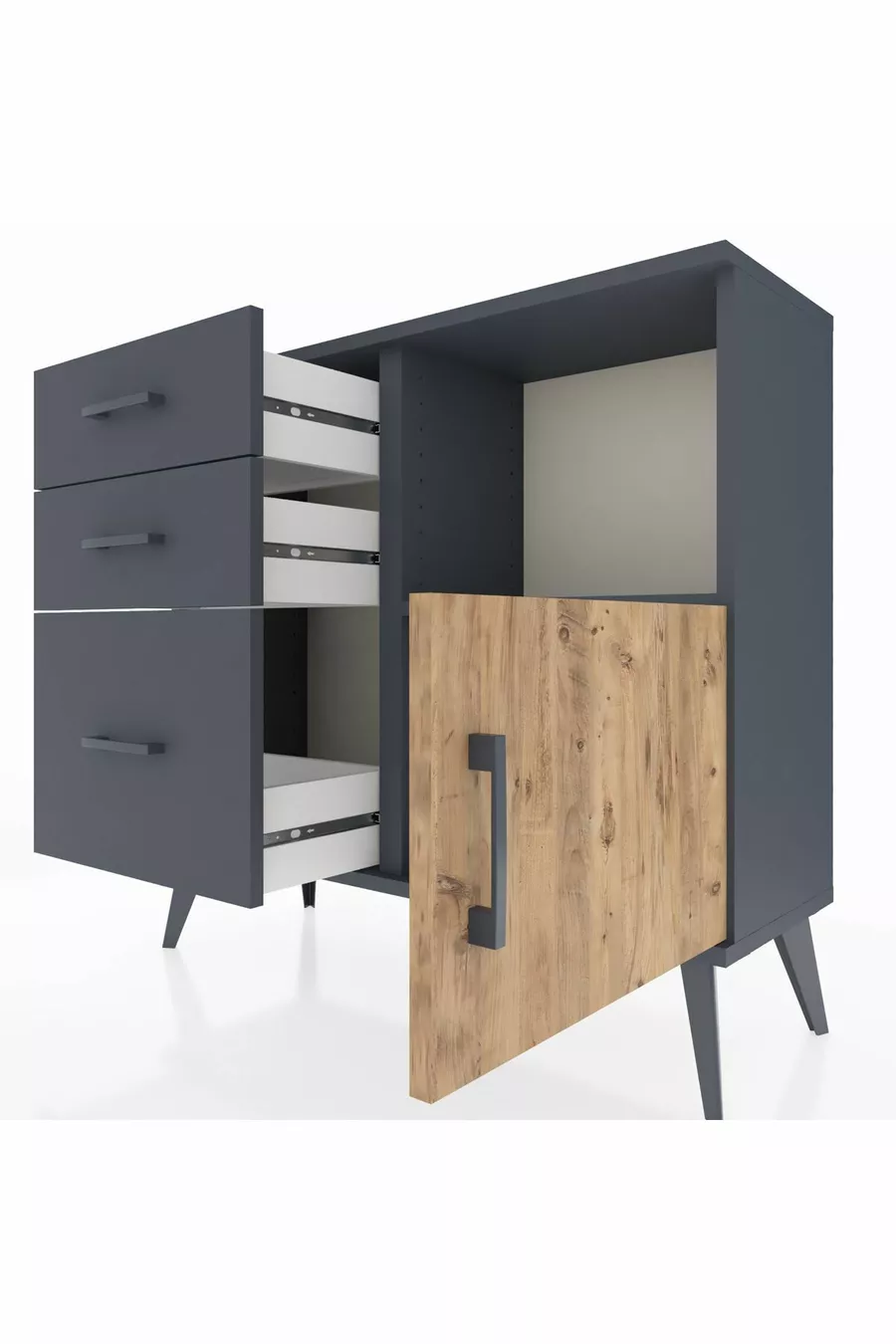 Commode Arges avec une seule étagère, 3 tiroirs et une porte unique Anthracite-Sapin/Anthracite