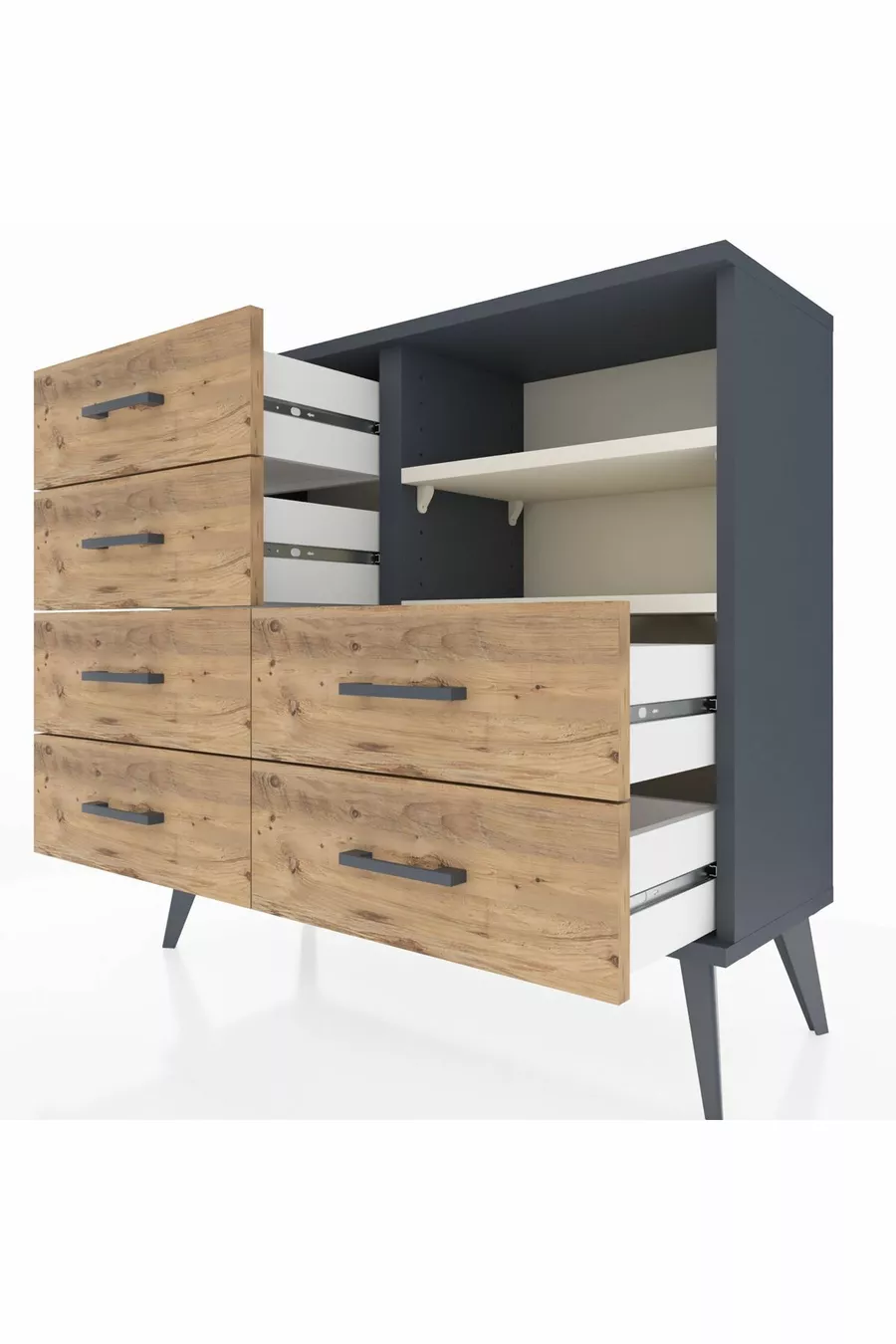 Commode Arges 2 étagères 6 tiroirs Anthracite-Pierre de lune/Merisiers