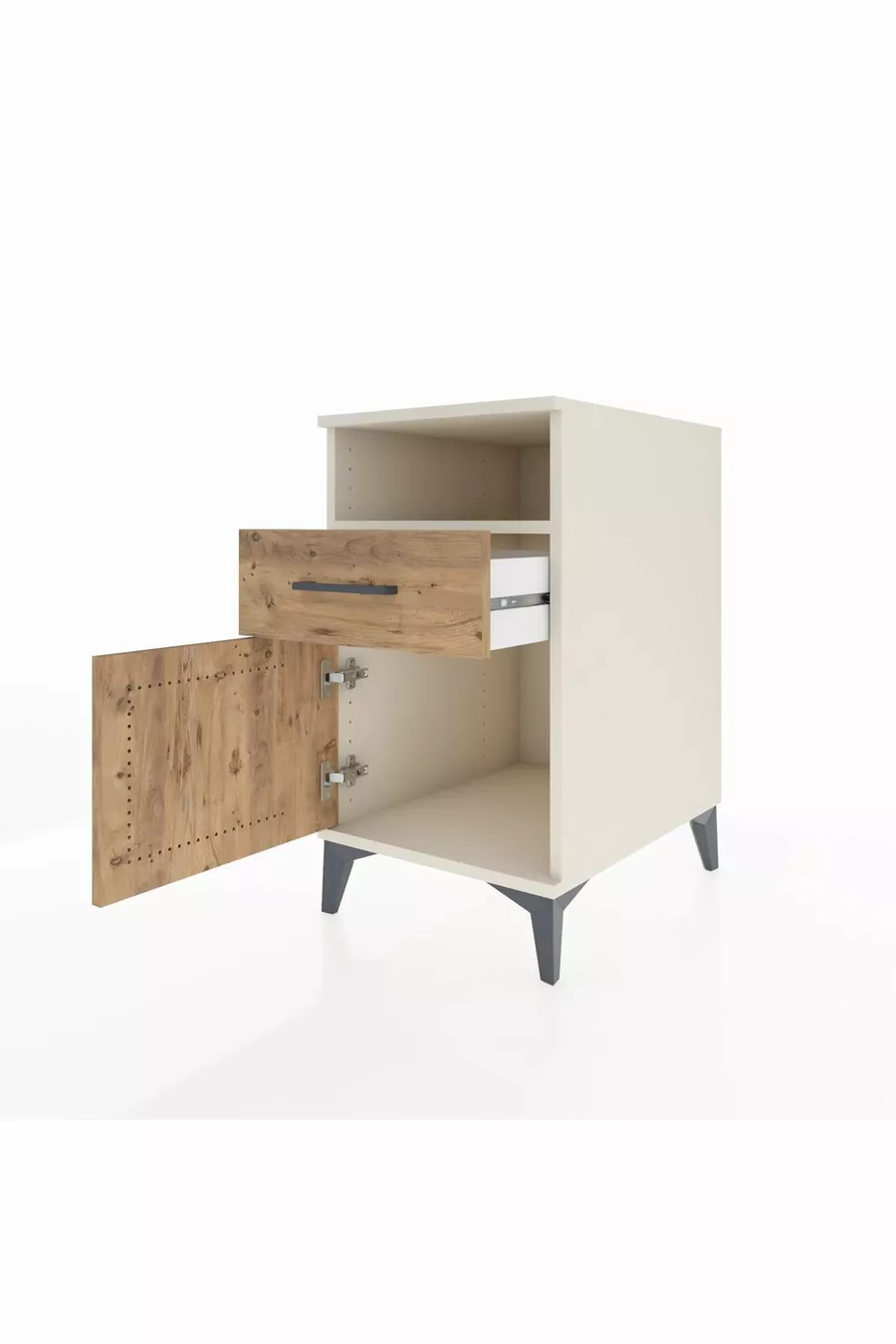 Table de chevet Kronos avec une étagère, un tiroir et une porte, Ambre-Débord