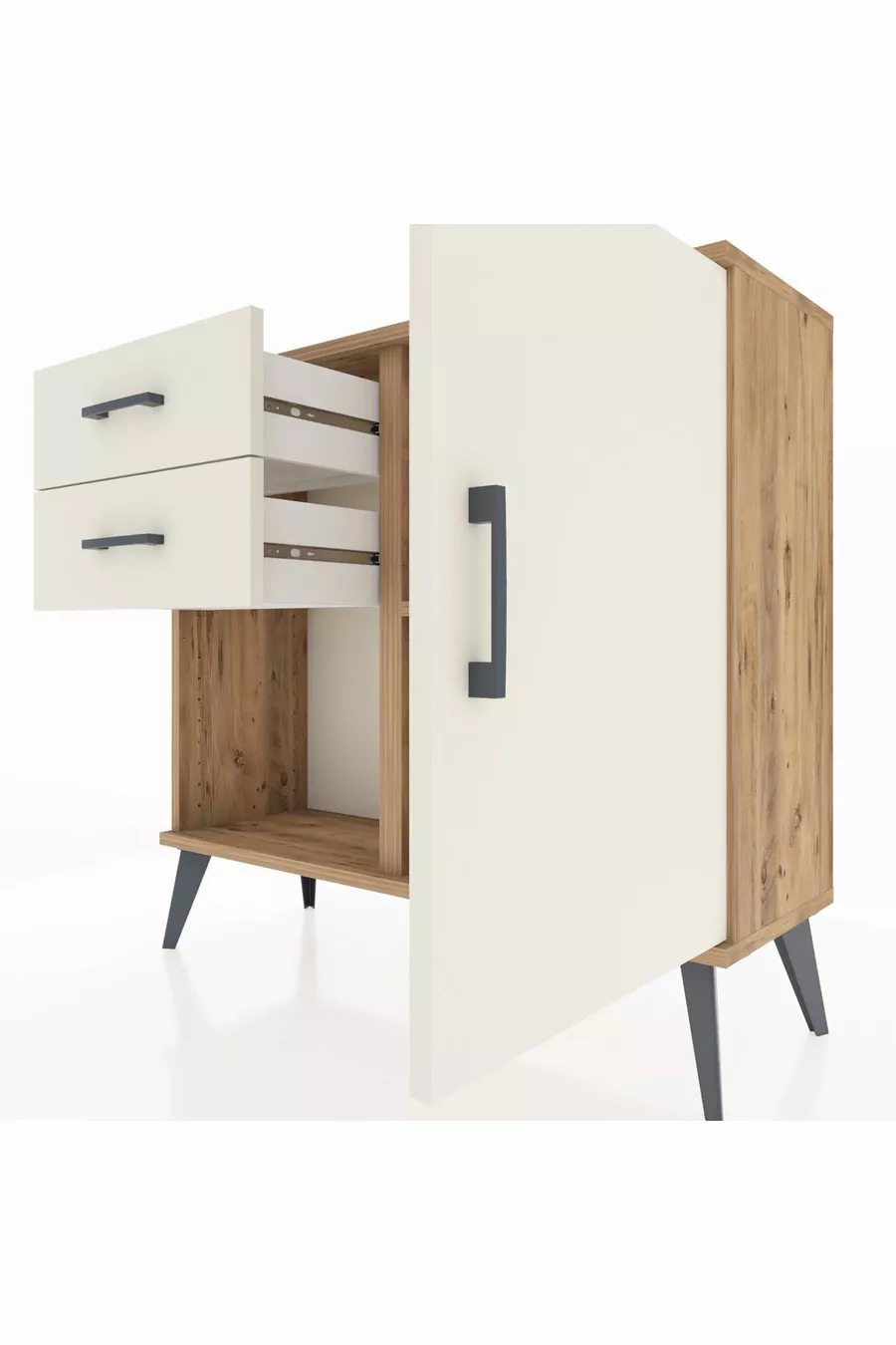 Commode Arges à une étagère, 2 tiroirs et une porte, pin et pierre de l'ay