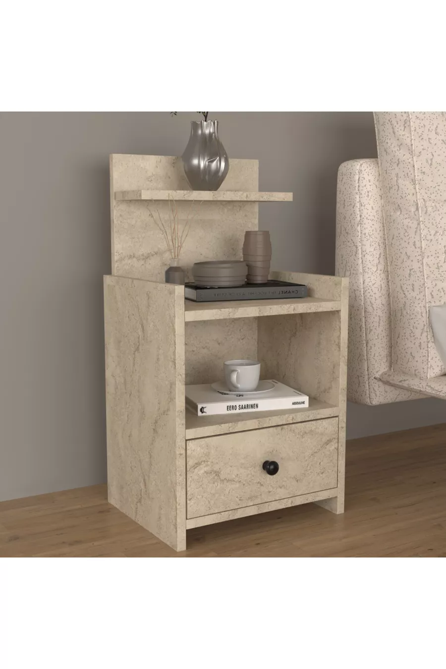 Table de chevet moderne à tiroirs avec étagères en MDF