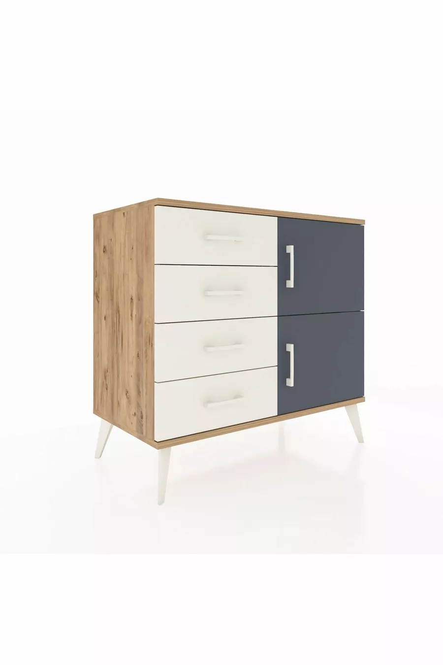Commode Hyperion avec une seule étagère, 4 tiroirs et 2 portes, pin-anthracite/pierre de lune