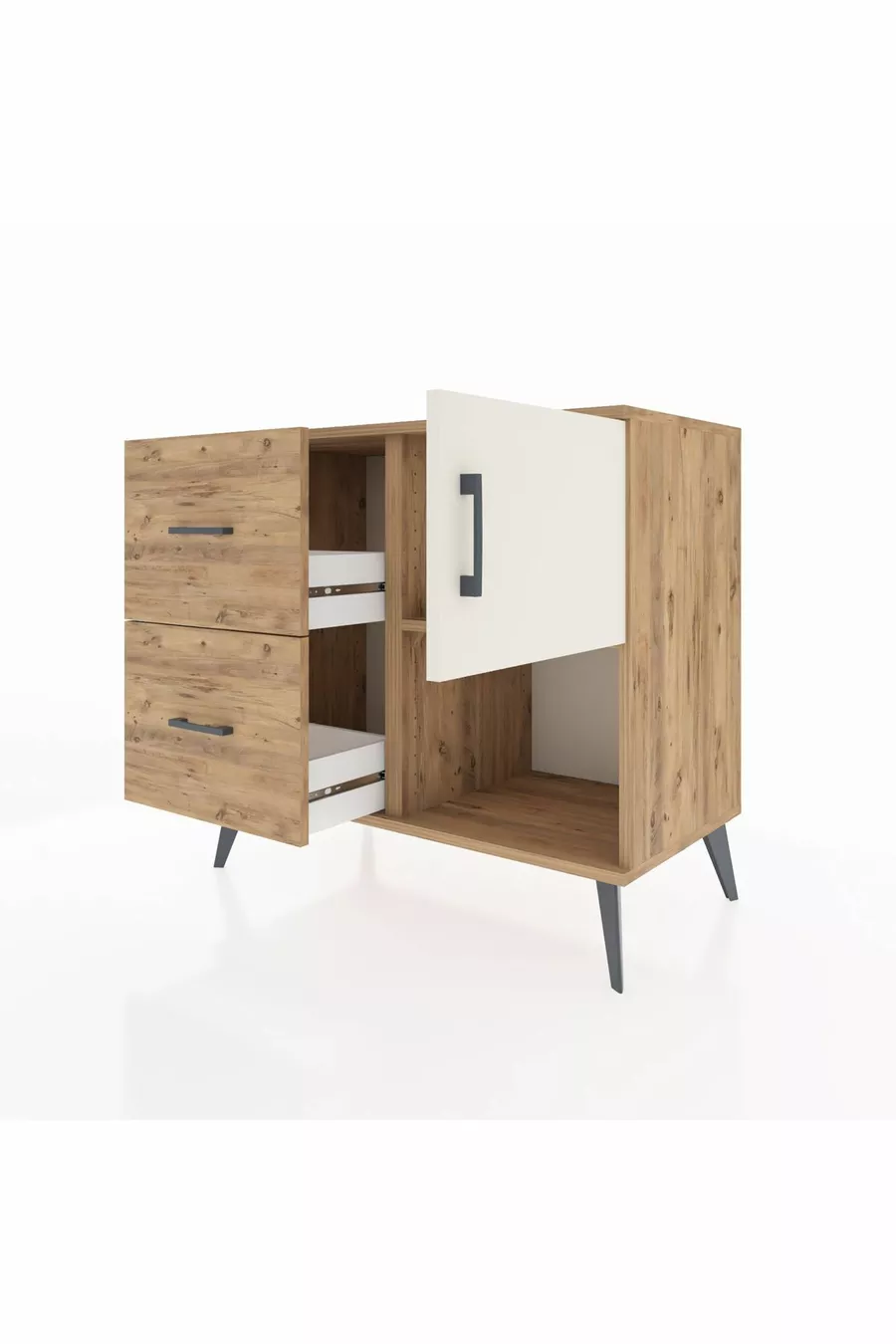 Commode Hyperion avec une étagère, 2 tiroirs et une porte, pin-pierre d'onyx/pin