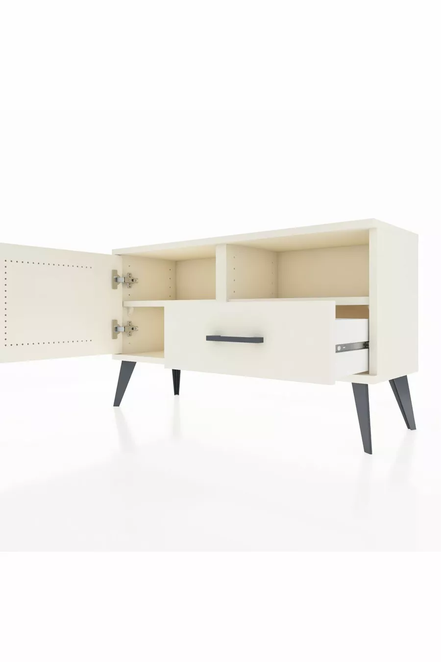 Commode Arges avec 2 étagères, 1 tiroir et 1 porte, couleur Pierre de Lune