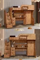 Lit superposé, litera avec armoire et bureau, noyer foncé, 1 matelas Comfort